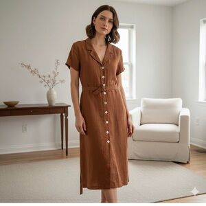 Quince midi 100% European Linen Button Front Dress size medium waist tie orange